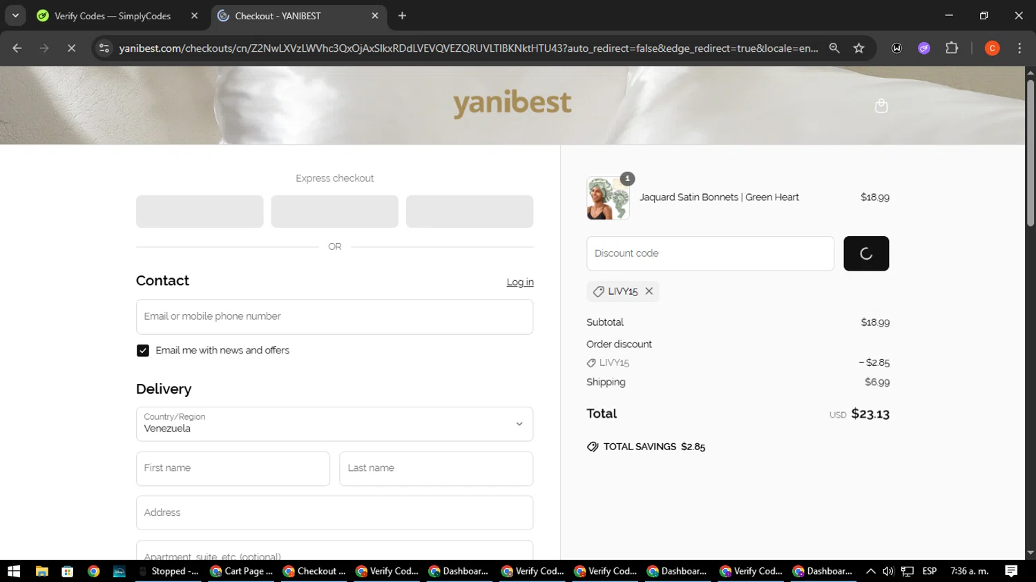 Yanibest discount code screenshot showing code livy15 applied at Yanibest checkout page. Uploaded by SimplyCodes community member NatanaelCano on Jun 18, 2025