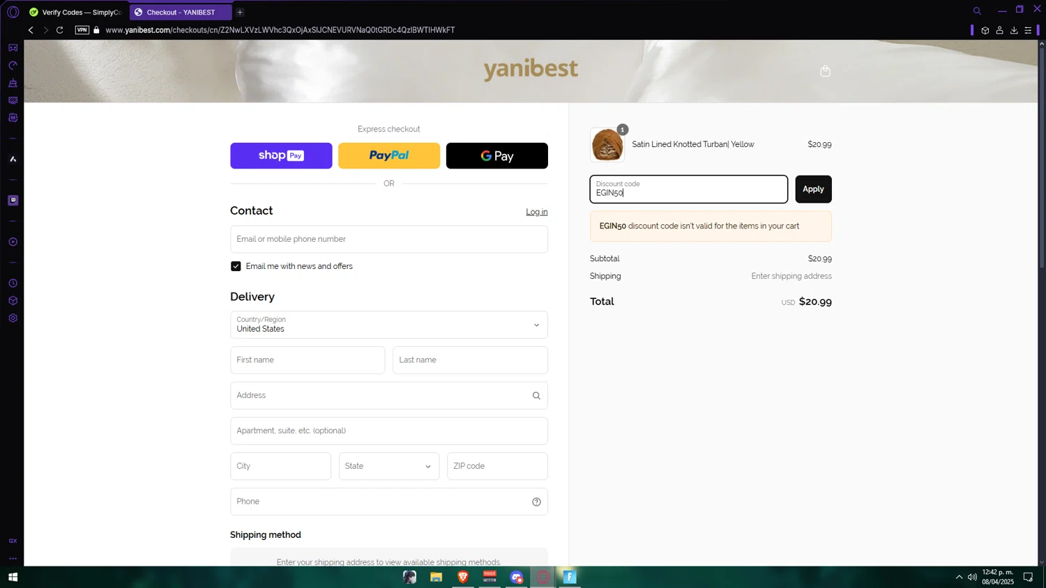Yanibest discount code screenshot showing code EGIN50 applied at Yanibest checkout page. Uploaded by SimplyCodes community member Anzeer on Apr 8, 2025