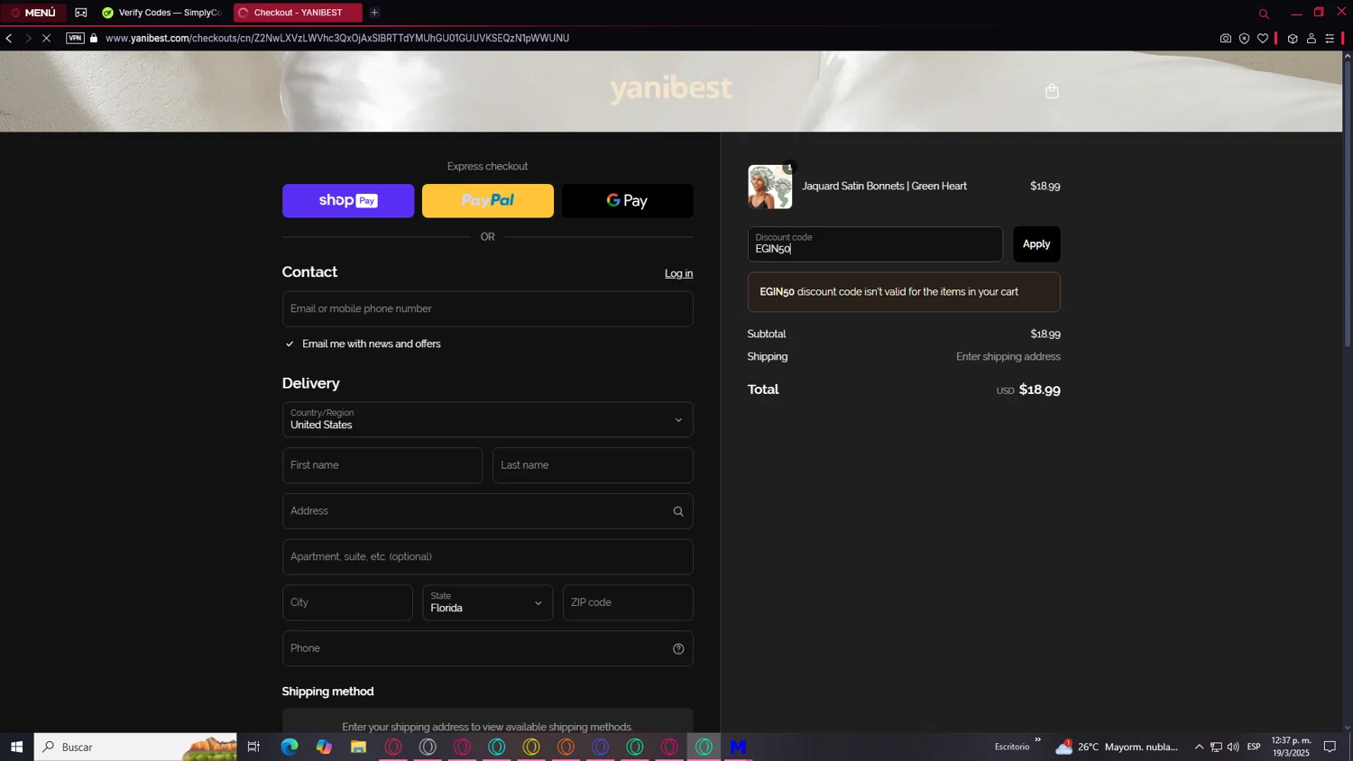 Yanibest discount code screenshot showing code EGIN50 applied at Yanibest checkout page. Uploaded by SimplyCodes community member ValueLegend167 on Mar 19, 2025