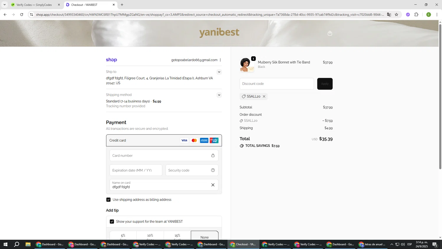 Yanibest discount code screenshot showing code SSALL20 applied at Yanibest checkout page. Uploaded by SimplyCodes community member SUZUKIV on Sep 24, 2025