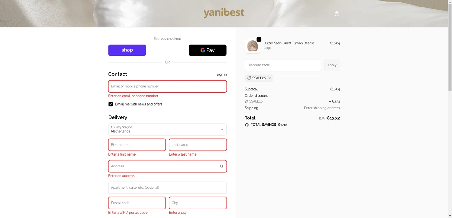 Yanibest discount code screenshot showing code SSALL20 applied at Yanibest checkout page. Uploaded by SimplyCodes community member SwiftLynx7415 on Oct 27, 2025
