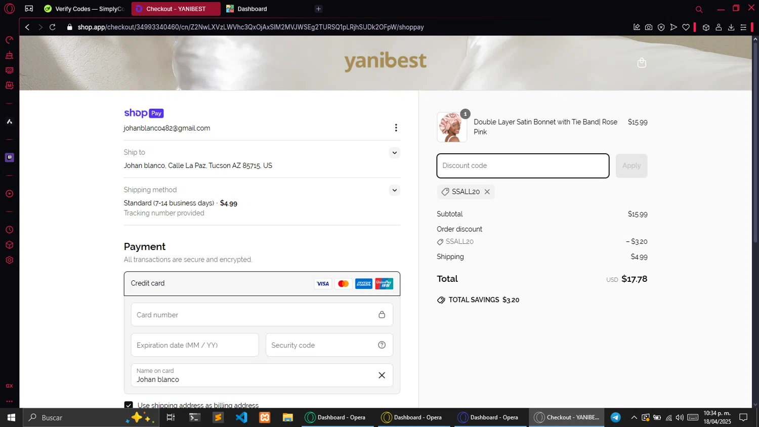 Yanibest discount code screenshot showing code SSALL20 applied at Yanibest checkout page. Uploaded by SimplyCodes community member andaacagarpobre on Apr 19, 2025