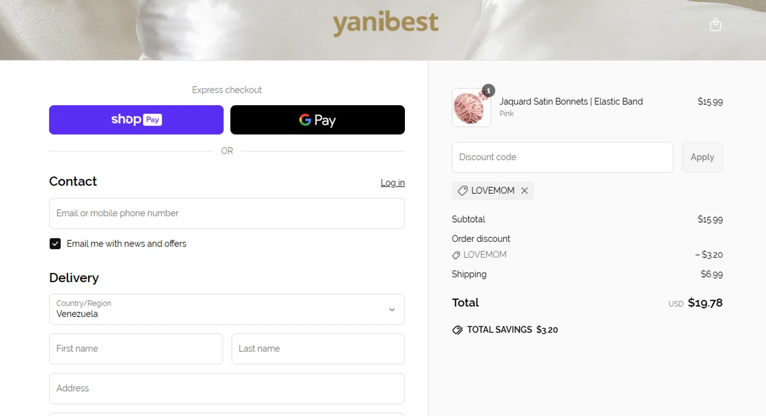 Yanibest discount code screenshot showing code lovemom applied at Yanibest checkout page. Uploaded by SimplyCodes community member Francisco on Jun 21, 2025
