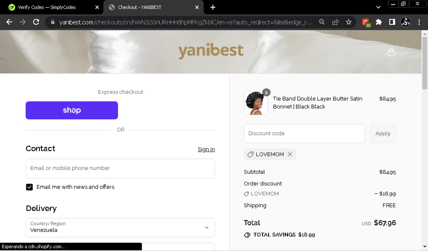 Yanibest discount code screenshot showing code lovemom applied at Yanibest checkout page. Uploaded by SimplyCodes community member SwiftOwl697 on Sep 16, 2025