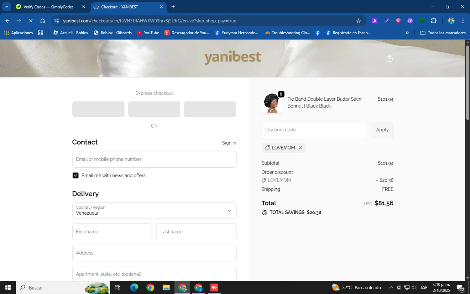 Yanibest discount code screenshot showing code lovemom applied at Yanibest checkout page. Uploaded by SimplyCodes community member XemoGOD on Oct 2, 2025