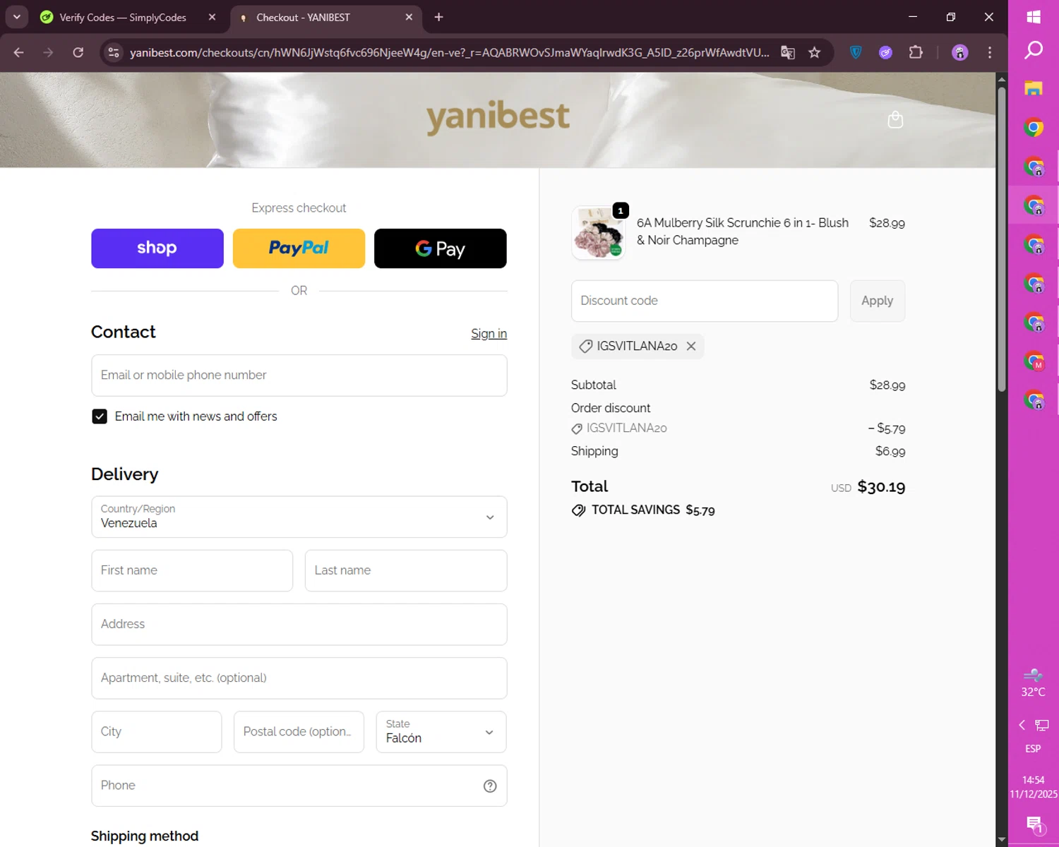 Yanibest discount code screenshot showing code Igsvitlana20 applied at Yanibest checkout page. Uploaded by SimplyCodes community member mileSalima on Dec 11, 2025