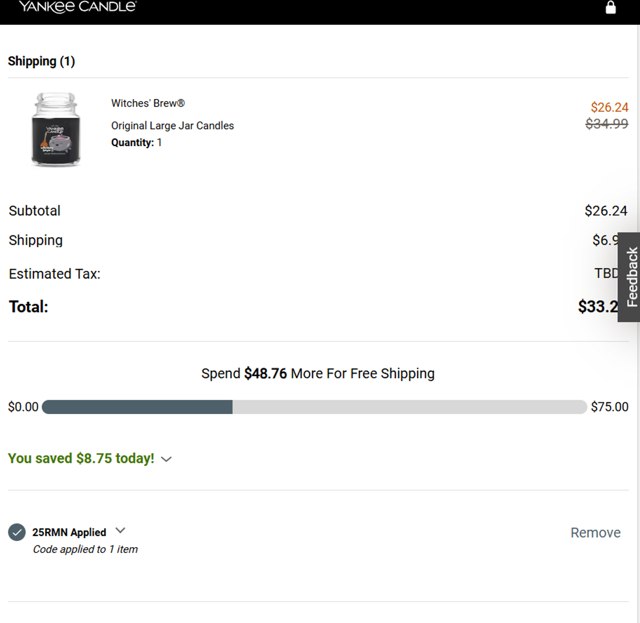 Yankee Candle checkout page showing Yankee Candle promo code box | Screenshot taken by SimplyCodes community member on Aug 24, 2025