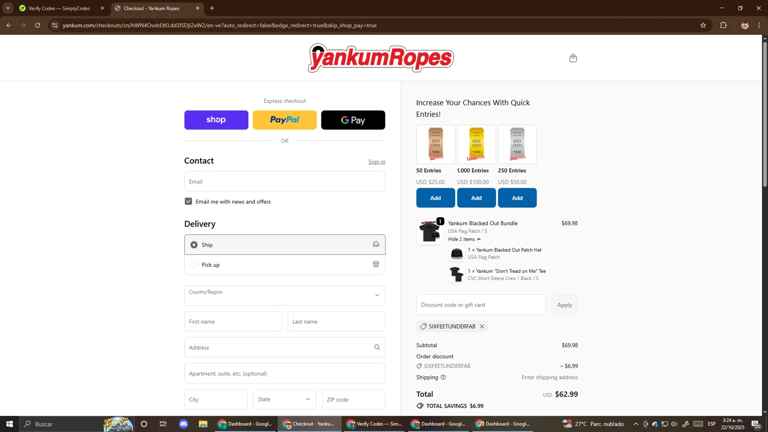 Yankum Ropes discount code screenshot showing code SIXFEETUNDERFAB applied at Yankum Ropes checkout page. Uploaded by SimplyCodes community member El_mynor on Oct 22, 2025