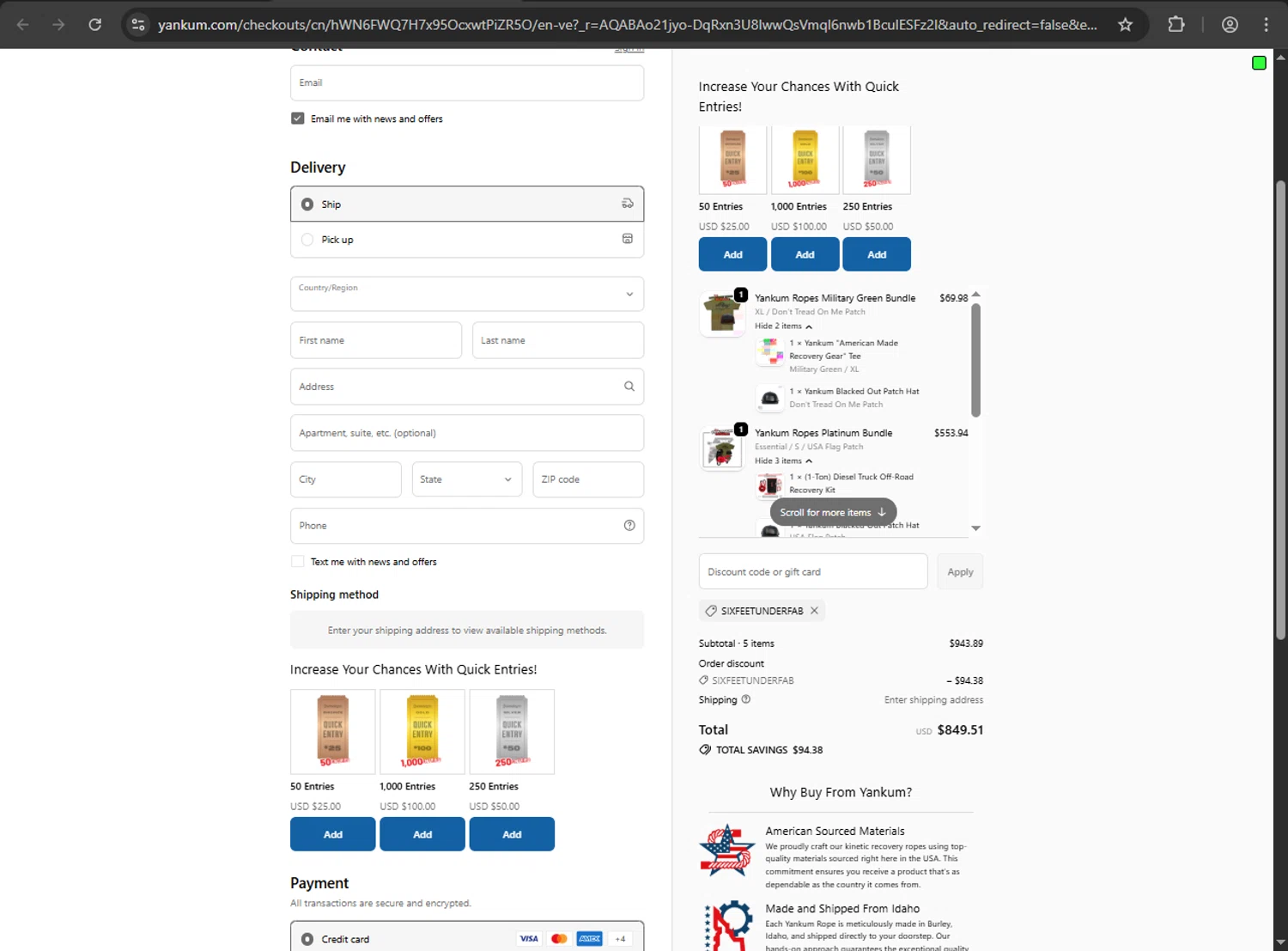 Yankum Ropes discount code screenshot showing code SIXFEETUNDERFAB applied at Yankum Ropes checkout page. Uploaded by SimplyCodes community member JakePerrox on Dec 9, 2025