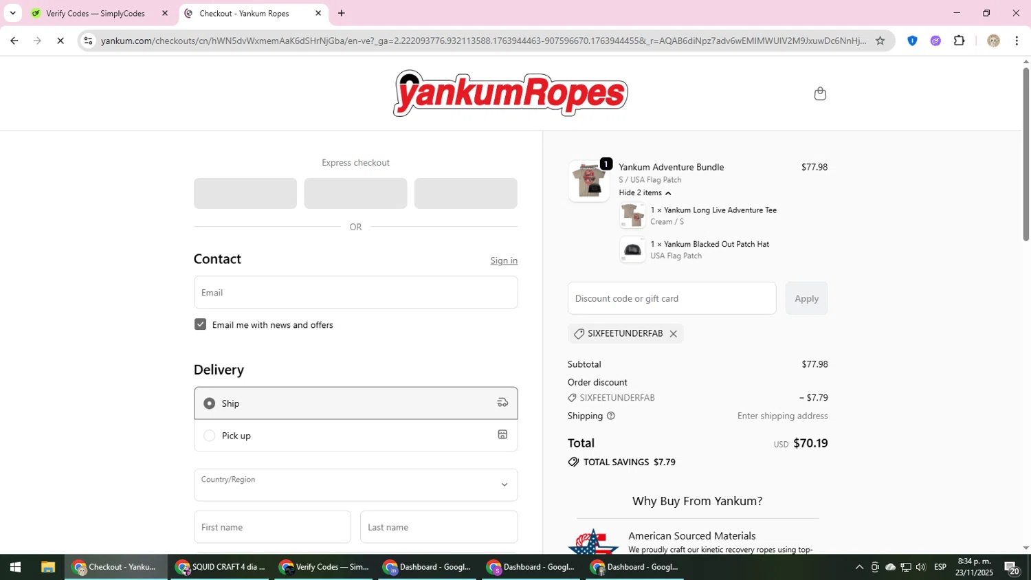 Yankum Ropes discount code screenshot showing code SIXFEETUNDERFAB applied at Yankum Ropes checkout page. Uploaded by SimplyCodes community member NobleScholar4826 on Nov 24, 2025