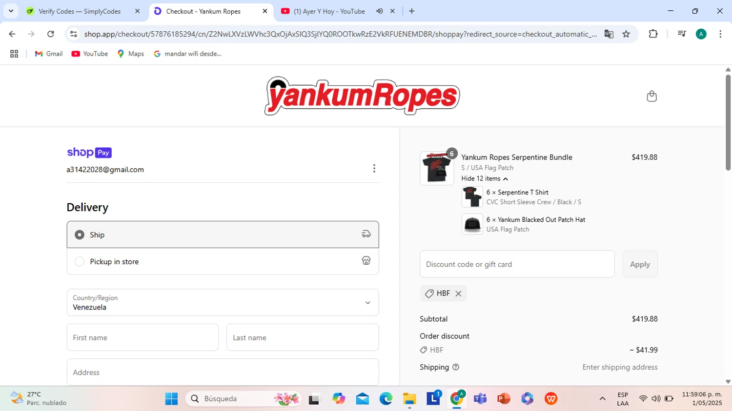 Yankum Ropes discount code screenshot showing code HBF applied at Yankum Ropes checkout page. Uploaded by SimplyCodes community member CarlOz on May 2, 2025