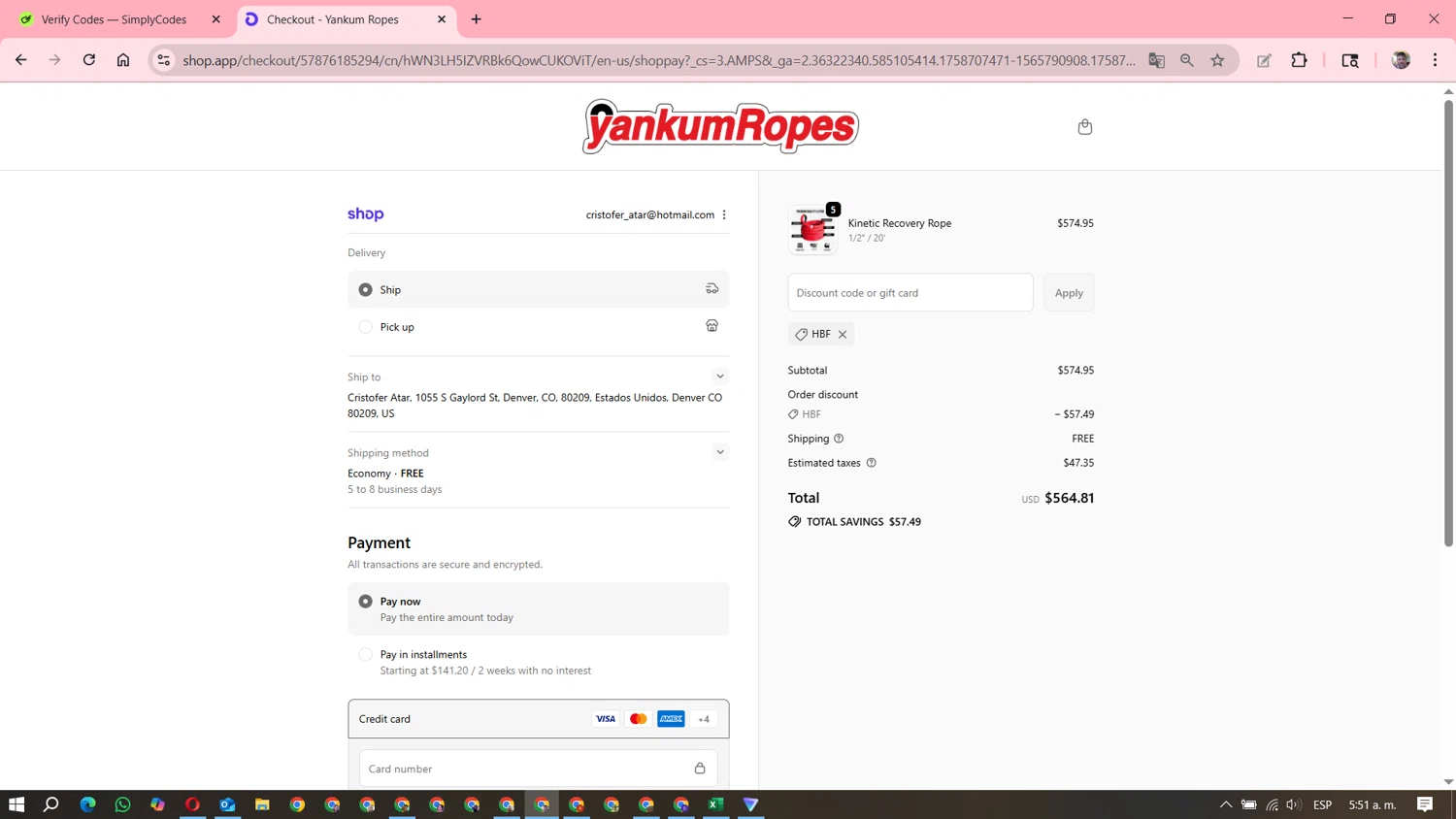 Yankum Ropes discount code screenshot showing code HBF applied at Yankum Ropes checkout page. Uploaded by SimplyCodes community member DavGutFig on Sep 24, 2025