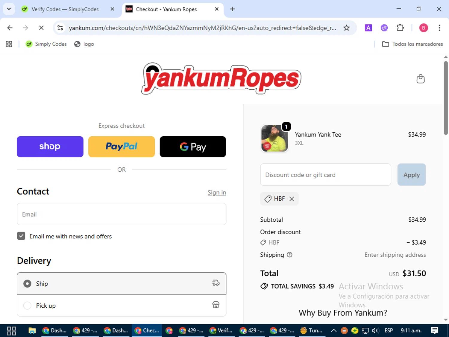 Yankum Ropes discount code screenshot showing code HBF applied at Yankum Ropes checkout page. Uploaded by SimplyCodes community member bombontropical on Oct 2, 2025