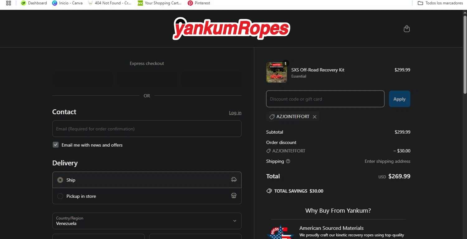 Yankum Ropes discount code screenshot showing code azjointeffort applied at Yankum Ropes checkout page. Uploaded by SimplyCodes community member Pollofrito on Apr 9, 2025