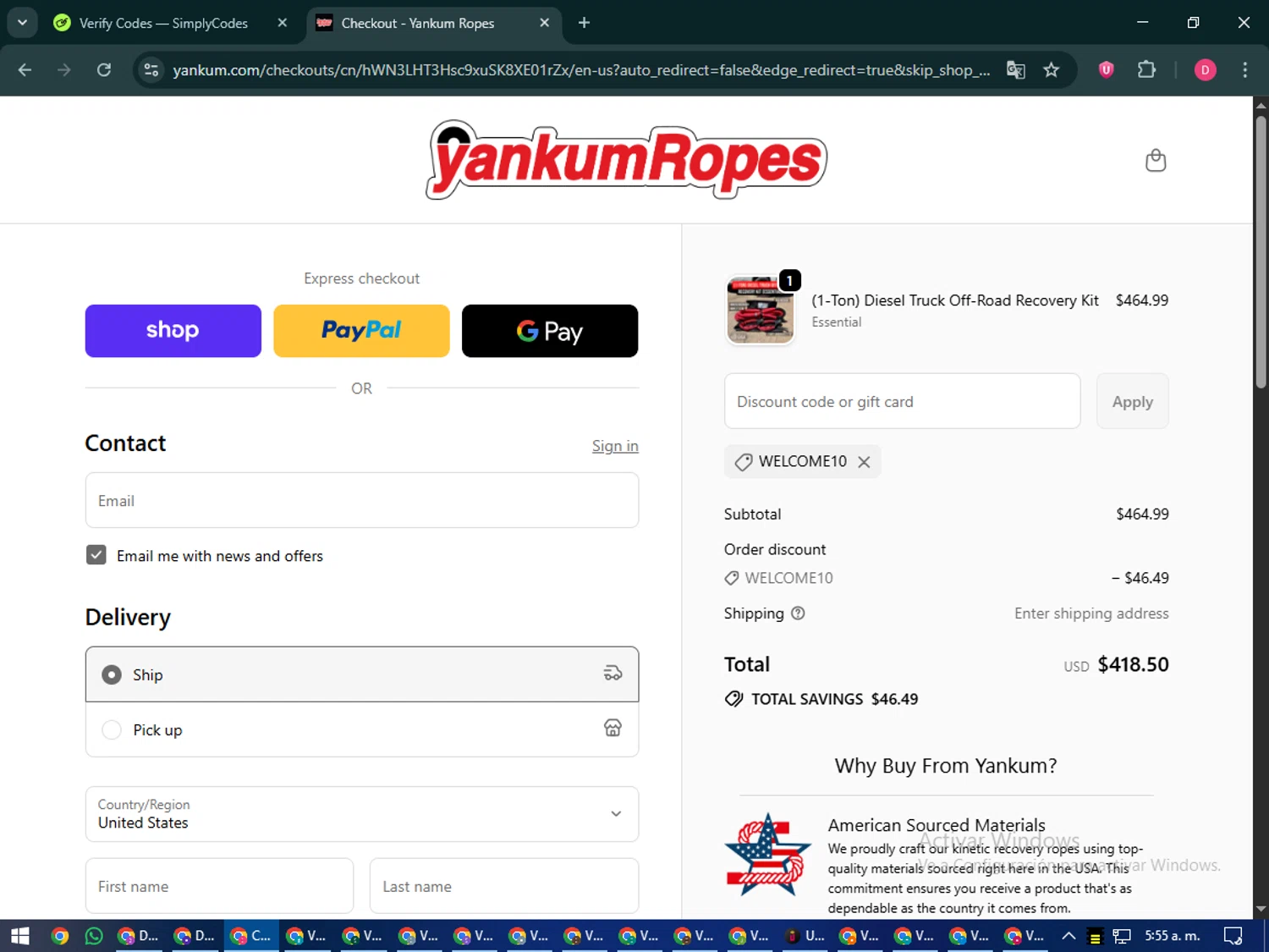 Yankum Ropes discount code screenshot showing code welcome10 applied at Yankum Ropes checkout page. Uploaded by SimplyCodes community member MoneySeeker7165 on Sep 24, 2025