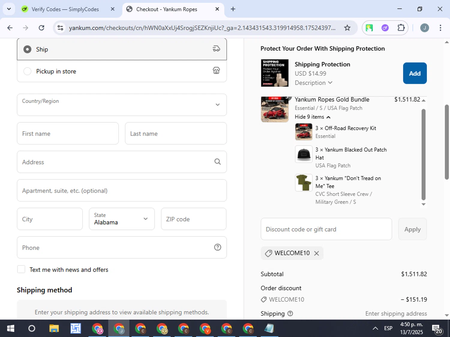 Yankum Ropes discount code screenshot showing code welcome10 applied at Yankum Ropes checkout page. Uploaded by SimplyCodes community member ValueTracker8384 on Jul 13, 2025