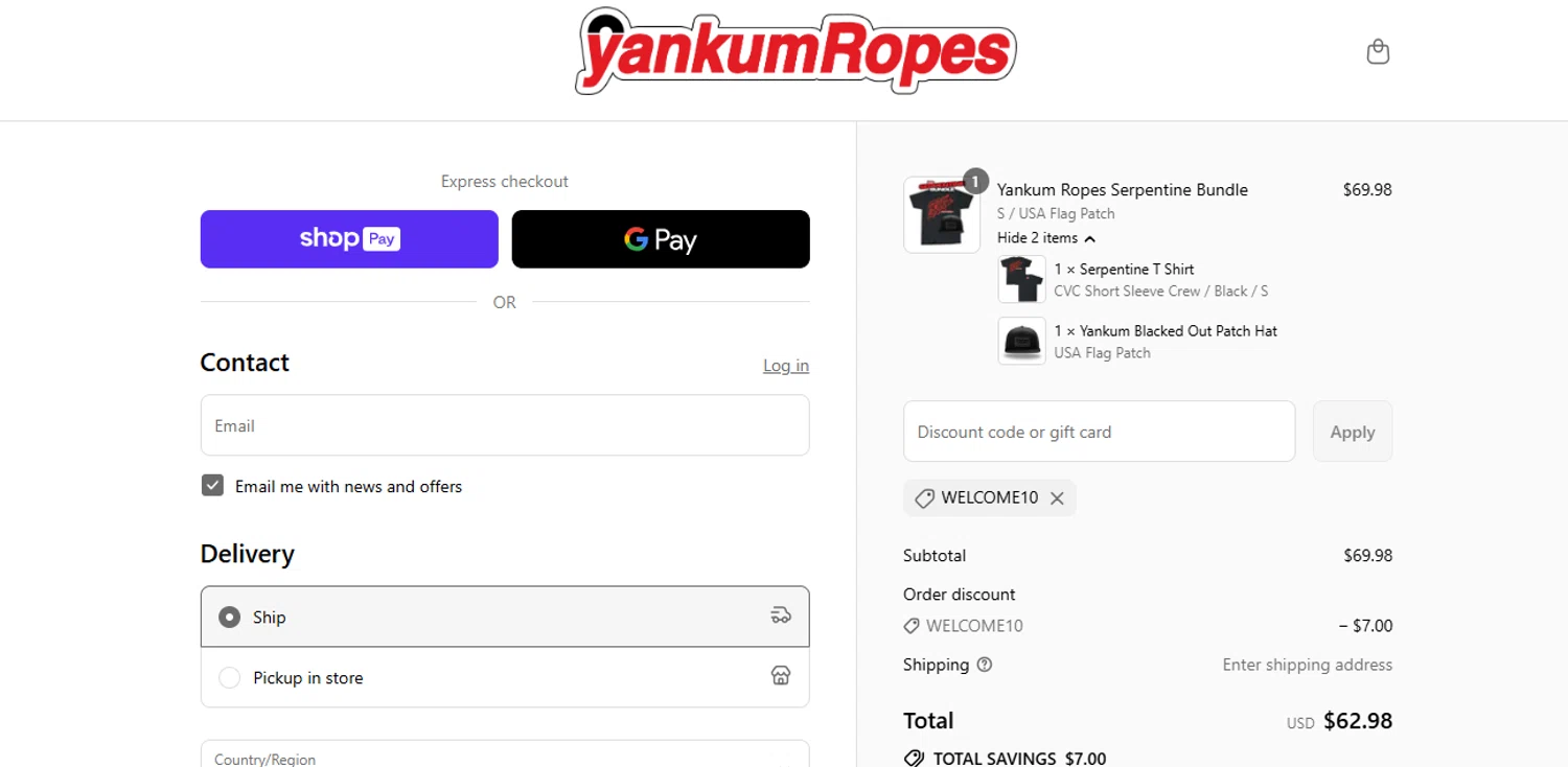 Yankum Ropes discount code screenshot showing code welcome10 applied at Yankum Ropes checkout page. Uploaded by SimplyCodes community member widdyto on Jul 13, 2025