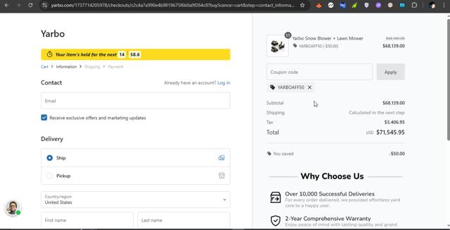 Yarbo checkout page showing Yarbo coupon code box | Screenshot taken by SimplyCodes community member on Jul 25, 2025