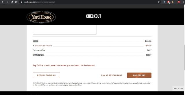 Yard House checkout page showing Yard House discount code box | Screenshot taken by SimplyCodes community member on May 10, 2020