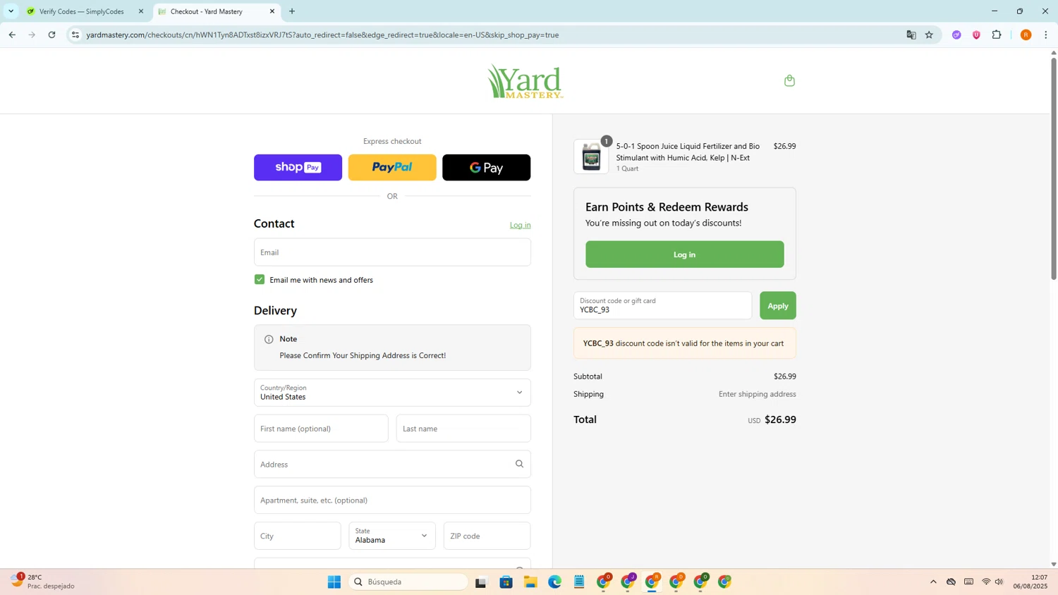 Yard Mastery coupon code screenshot showing code YCBC_93 applied at Yard Mastery checkout page. Uploaded by SimplyCodes community member BargainLegend6478 on Aug 6, 2025