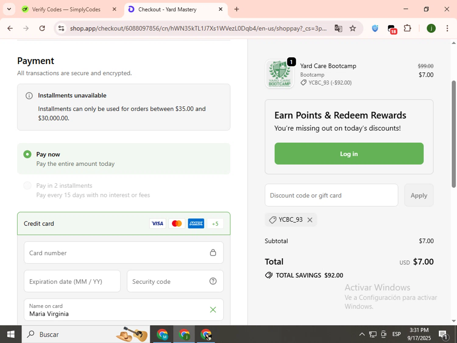Yard Mastery coupon code screenshot showing code YCBC_93 applied at Yard Mastery checkout page. Uploaded by SimplyCodes community member SavingsCollector2592 on Sep 17, 2025