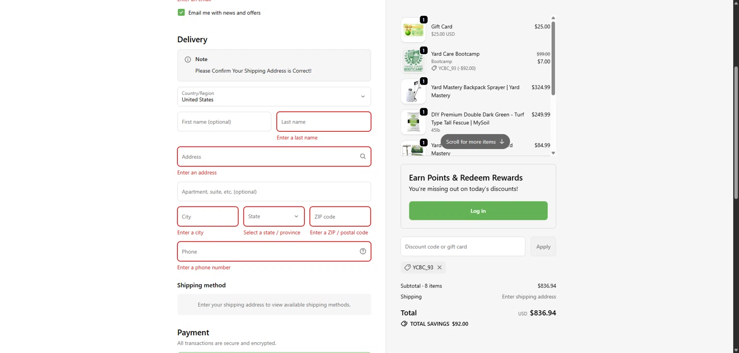 Yard Mastery coupon code screenshot showing code YCBC_93 applied at Yard Mastery checkout page. Uploaded by SimplyCodes community member TokenCollector1268 on Nov 30, 2025