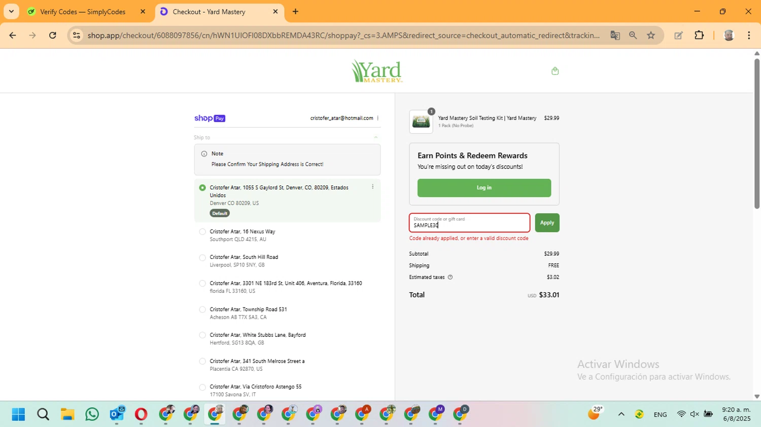 Yard Mastery coupon code screenshot showing code SAMPLE30 applied at Yard Mastery checkout page. Uploaded by SimplyCodes community member ManuelF on Aug 6, 2025
