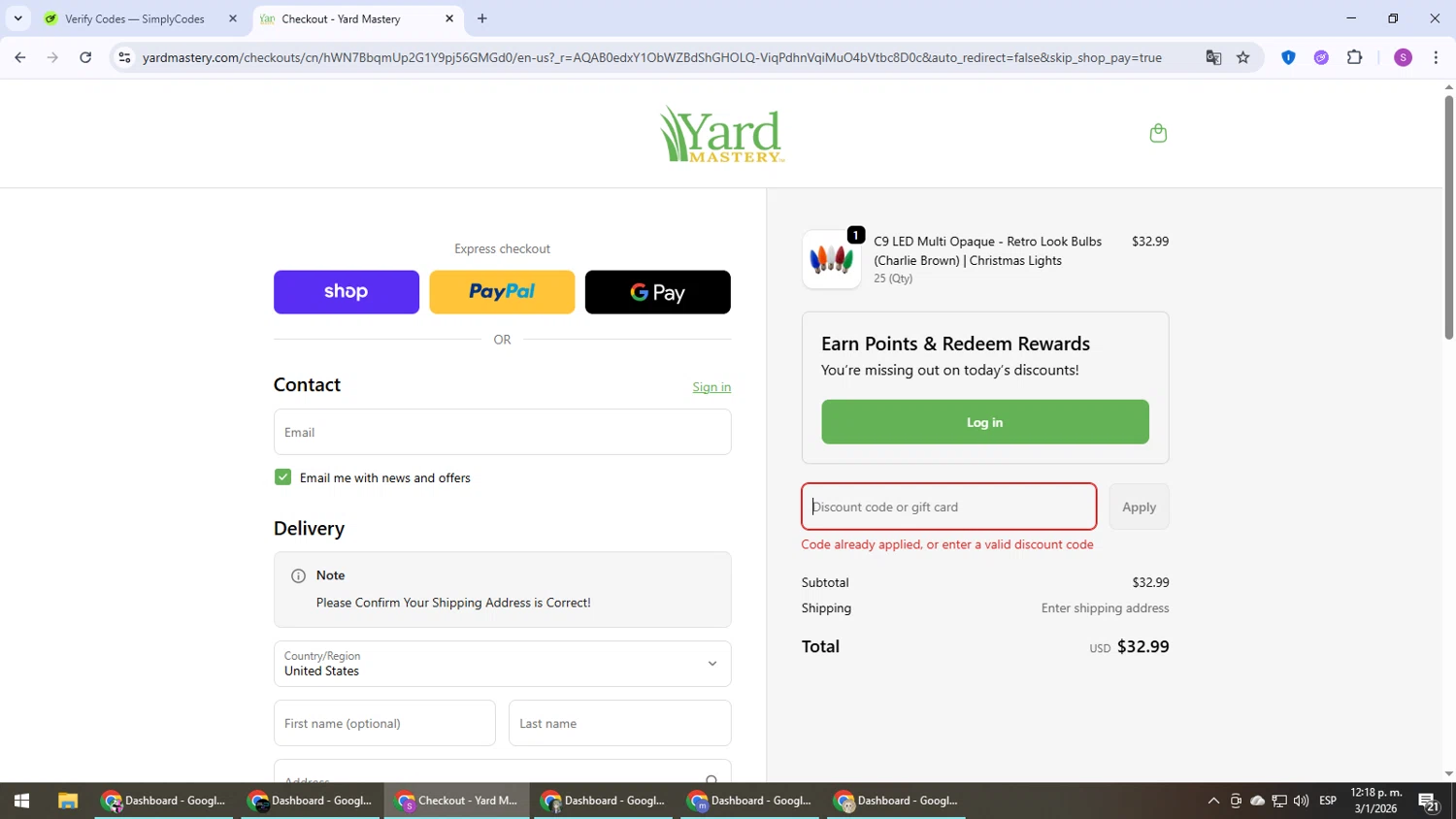 Yard Mastery coupon code screenshot showing code lights applied at Yard Mastery checkout page. Uploaded by SimplyCodes community member Son_Goku on Jan 3, 2026