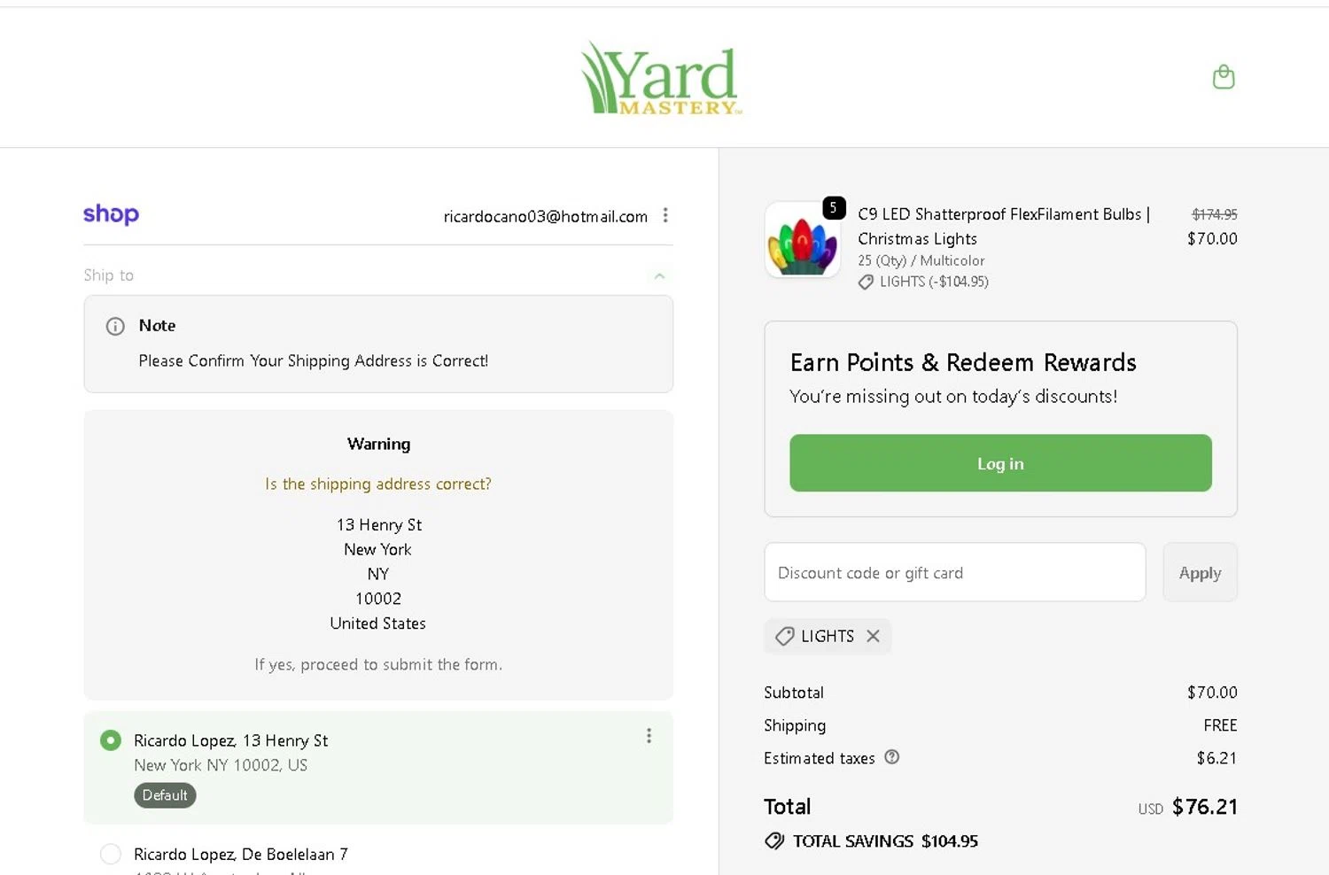 Yard Mastery coupon code screenshot showing code lights applied at Yard Mastery checkout page. Uploaded by SimplyCodes community member LAMINEJAMAL on Dec 31, 2025
