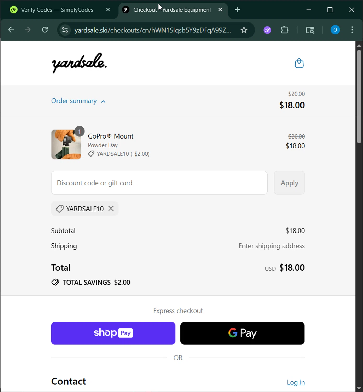 Yardsale coupon code screenshot showing code YARDSALE10 applied at Yardsale checkout page. Uploaded by SimplyCodes community member _____________ on Aug 5, 2025