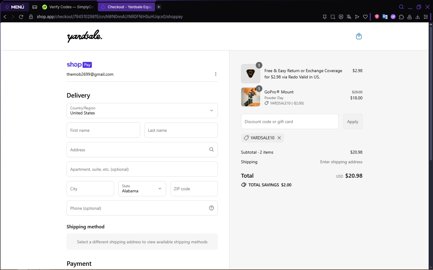 Yardsale coupon code screenshot showing code YARDSALE10 applied at Yardsale checkout page. Uploaded by SimplyCodes community member FrugalSaver5213 on Jul 19, 2025