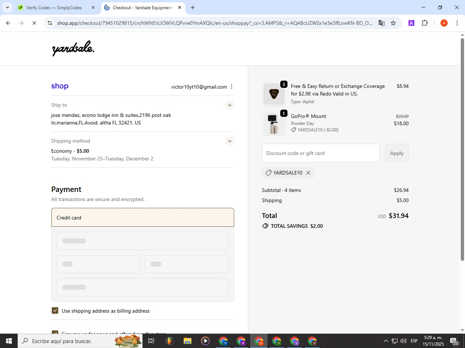 Yardsale coupon code screenshot showing code YARDSALE10 applied at Yardsale checkout page. Uploaded by SimplyCodes community member partenalgas on Nov 15, 2025