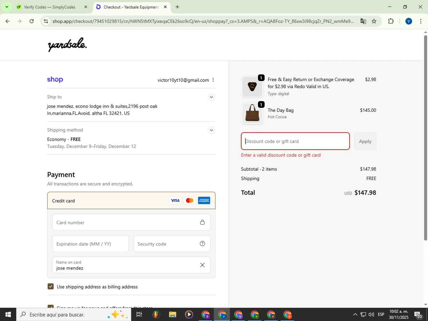 Yardsale coupon code screenshot showing code HOTTUB10 applied at Yardsale checkout page. Uploaded by SimplyCodes community member Garou_Y2K on Nov 30, 2025