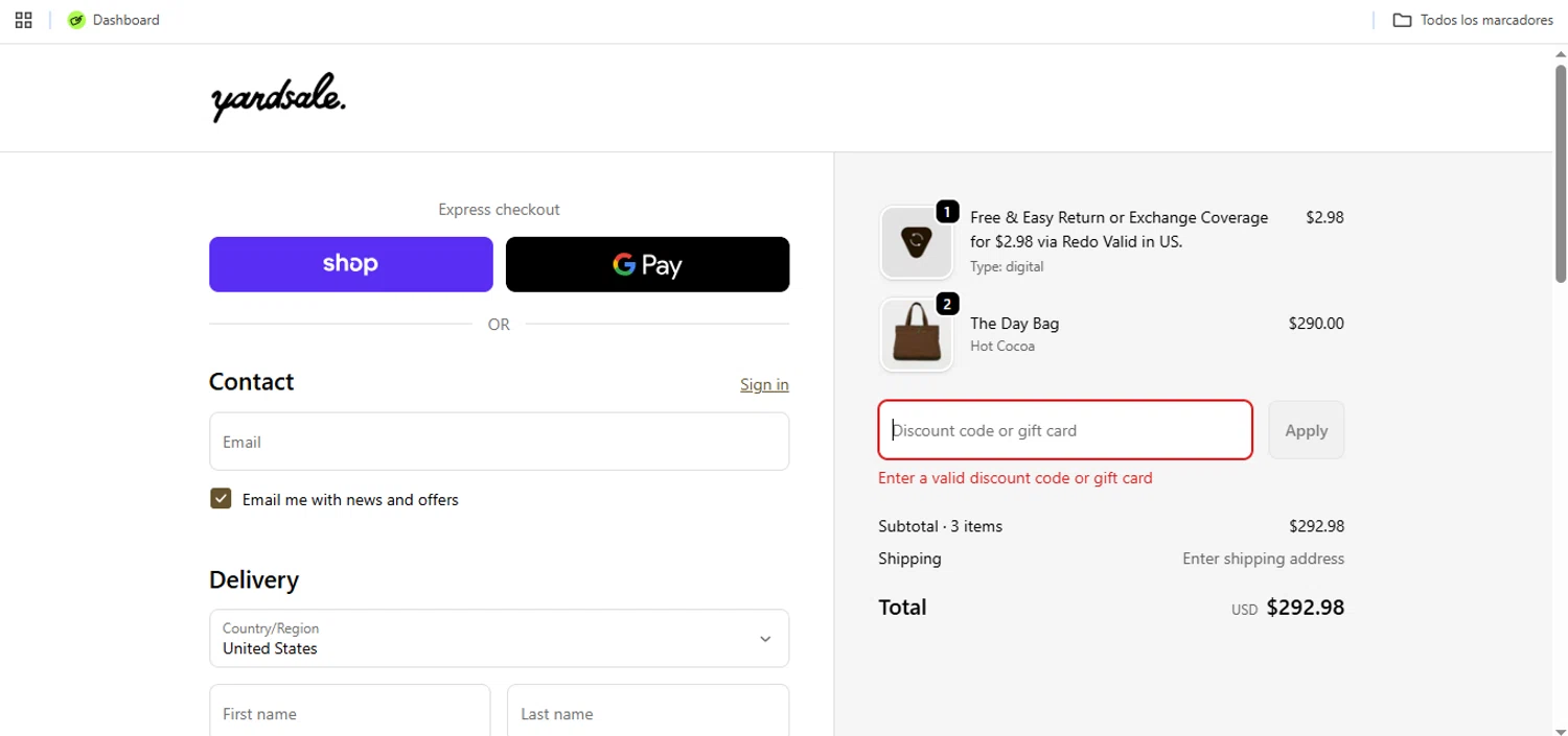 Yardsale coupon code screenshot showing code HOTTUB10 applied at Yardsale checkout page. Uploaded by SimplyCodes community member Speedy on Nov 30, 2025