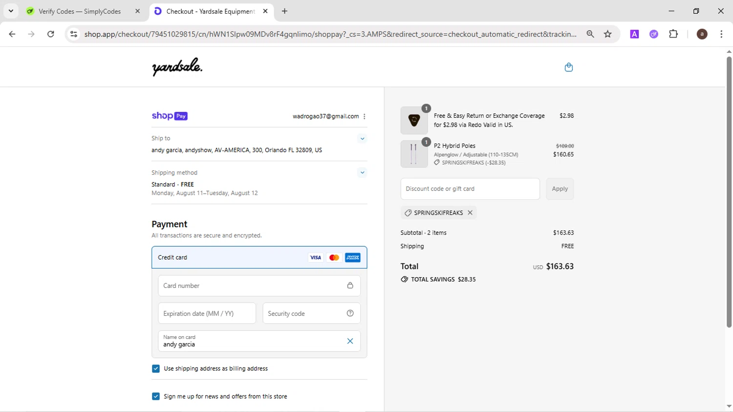 Yardsale coupon code screenshot showing code SPRINGSKIFREAKS applied at Yardsale checkout page. Uploaded by SimplyCodes community member CodeMaverick246 on Aug 5, 2025