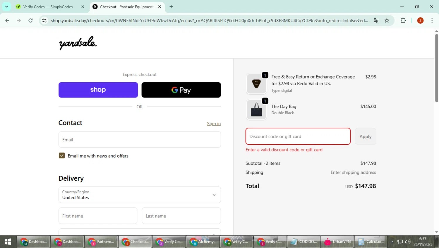 Yardsale coupon code screenshot showing code epicdays applied at Yardsale checkout page. Uploaded by SimplyCodes community member CleverTiger4265 on Nov 25, 2025