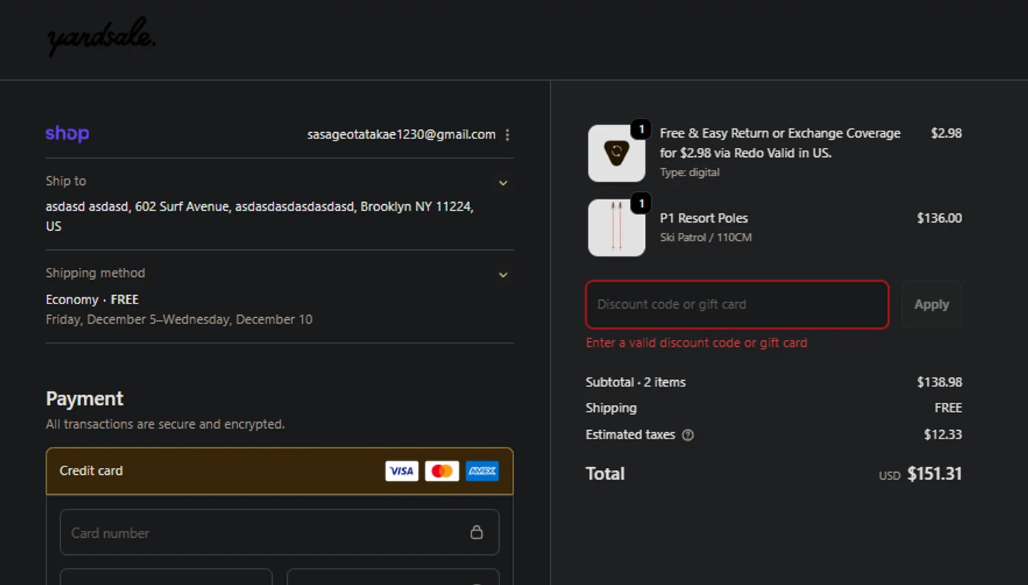 Yardsale coupon code screenshot showing code epicdays applied at Yardsale checkout page. Uploaded by SimplyCodes community member PedroNavaja on Nov 25, 2025