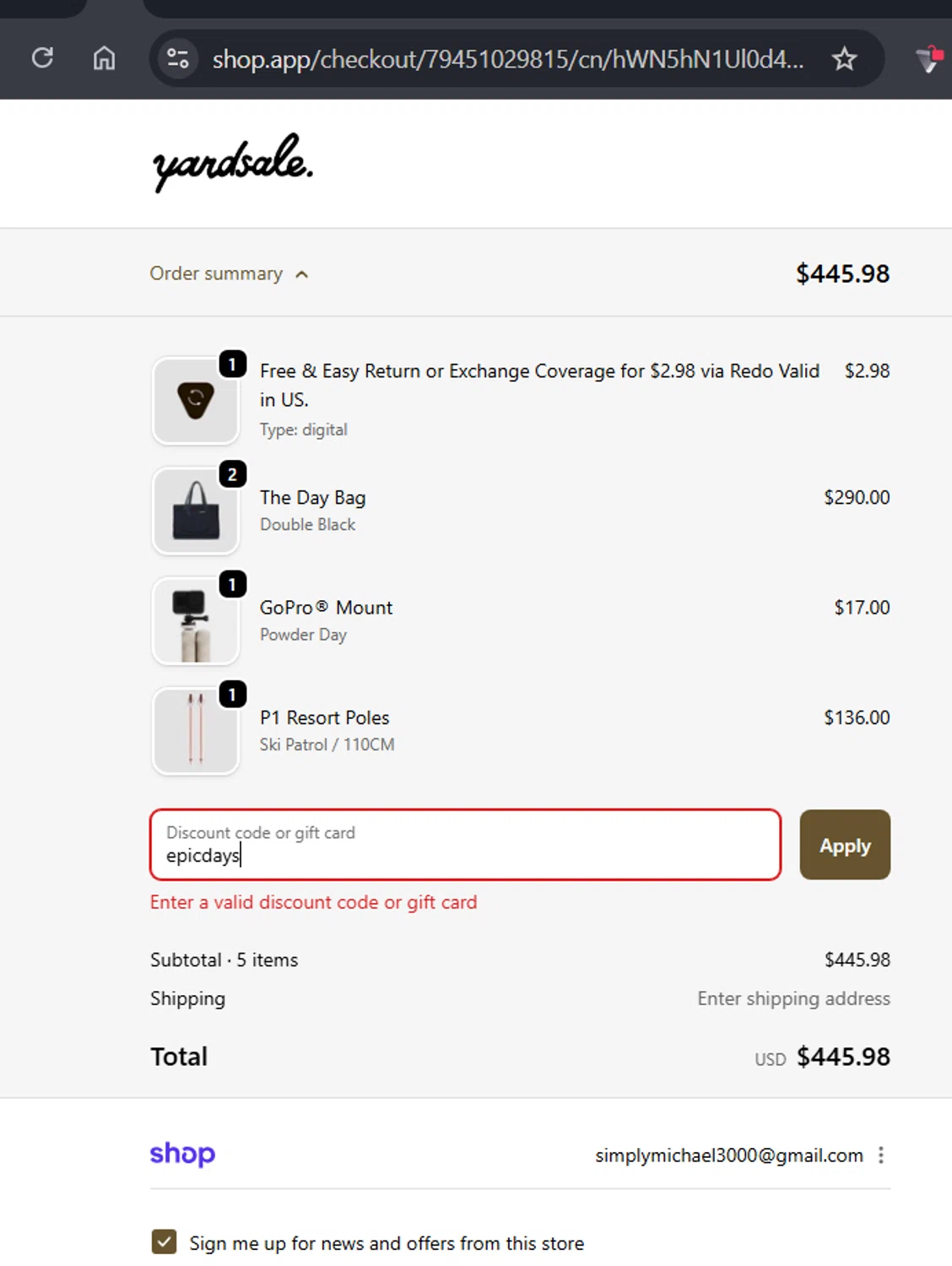 Yardsale coupon code screenshot showing code epicdays applied at Yardsale checkout page. Uploaded by SimplyCodes community member WonderExpert2552 on Nov 25, 2025