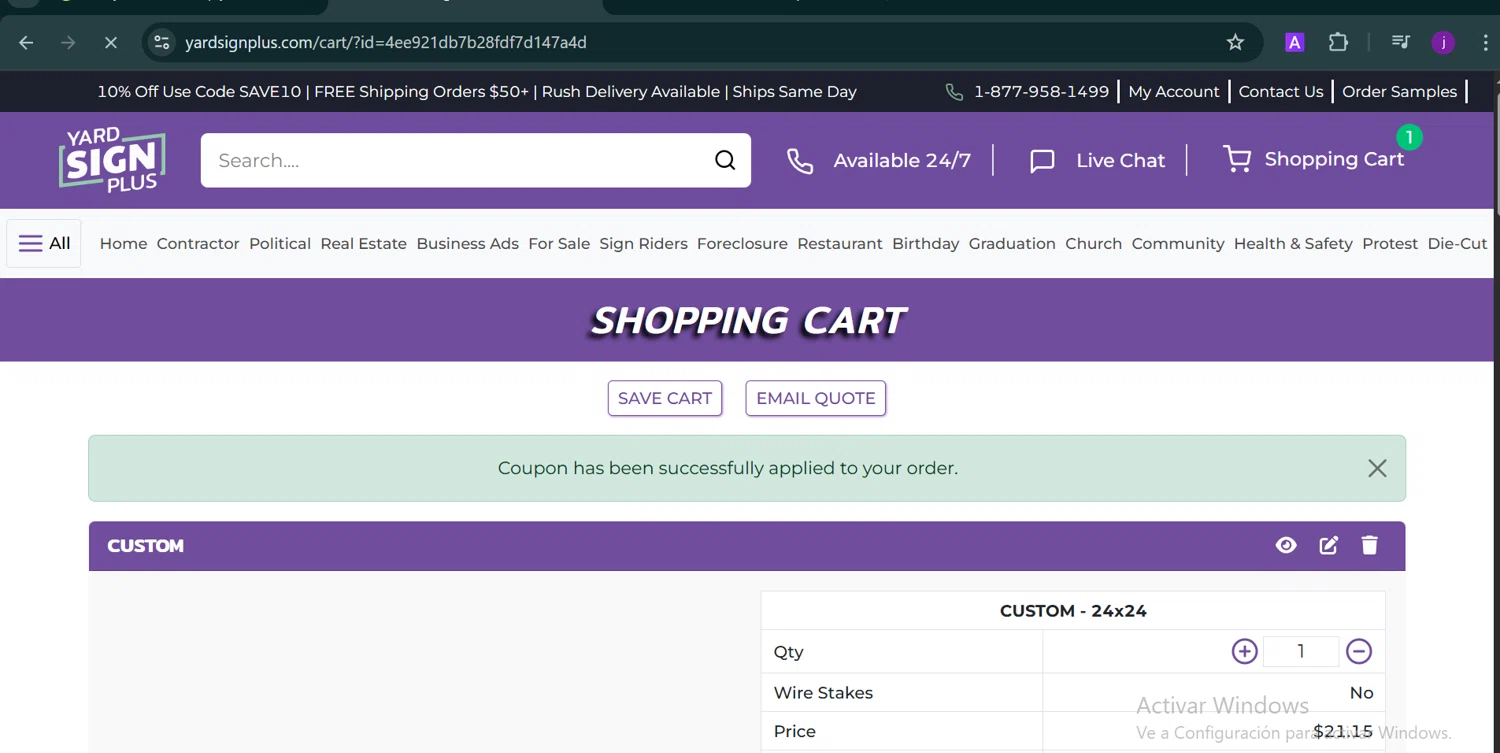 Yard Sign Plus coupon code screenshot showing code SAVE10 applied at Yard Sign Plus checkout page. Uploaded by SimplyCodes community member Trump23 on Apr 21, 2025