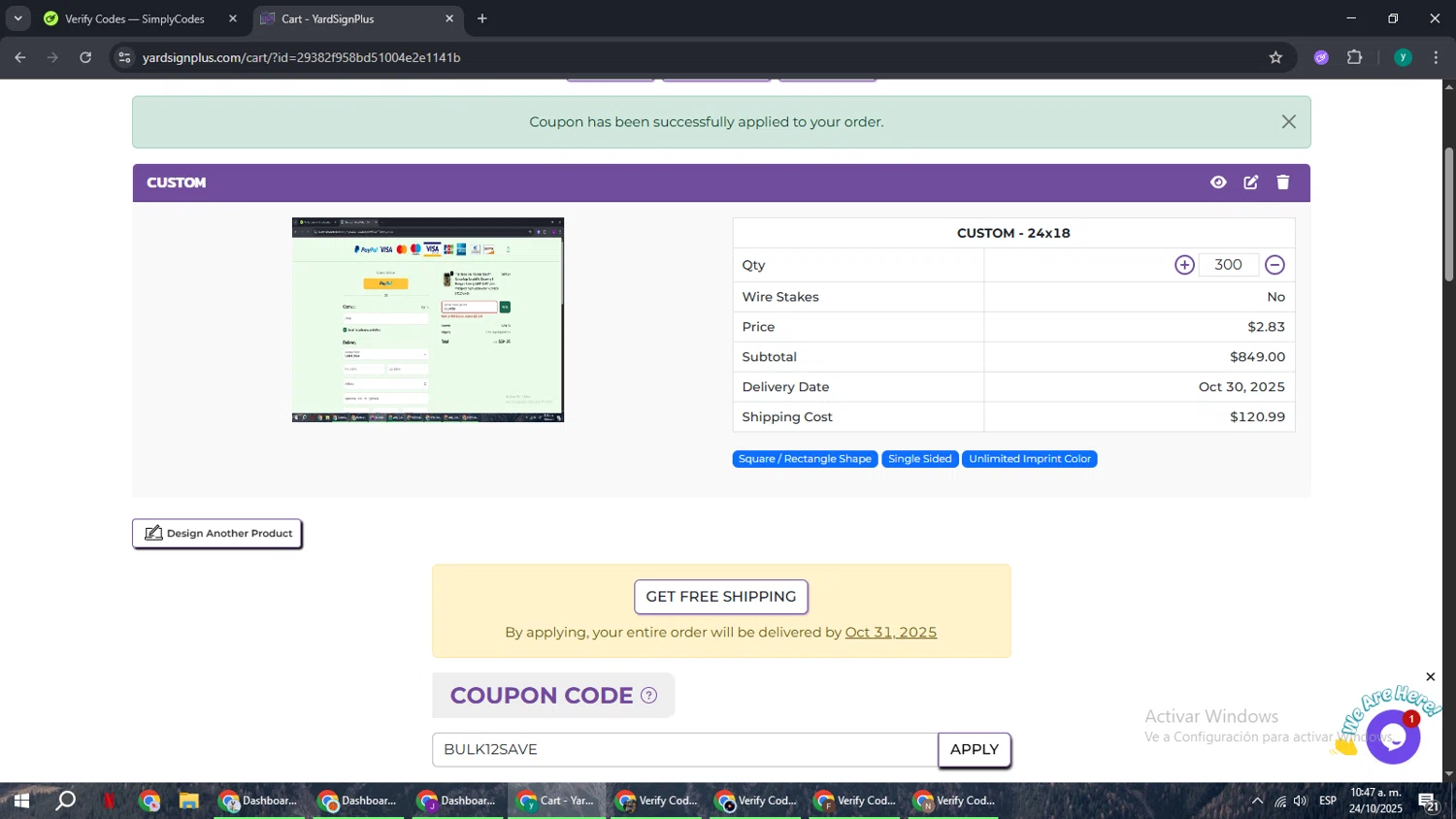 Yard Sign Plus coupon code screenshot showing code BULK12SAVE applied at Yard Sign Plus checkout page. Uploaded by SimplyCodes community member FrugalCaptain6906 on Oct 24, 2025