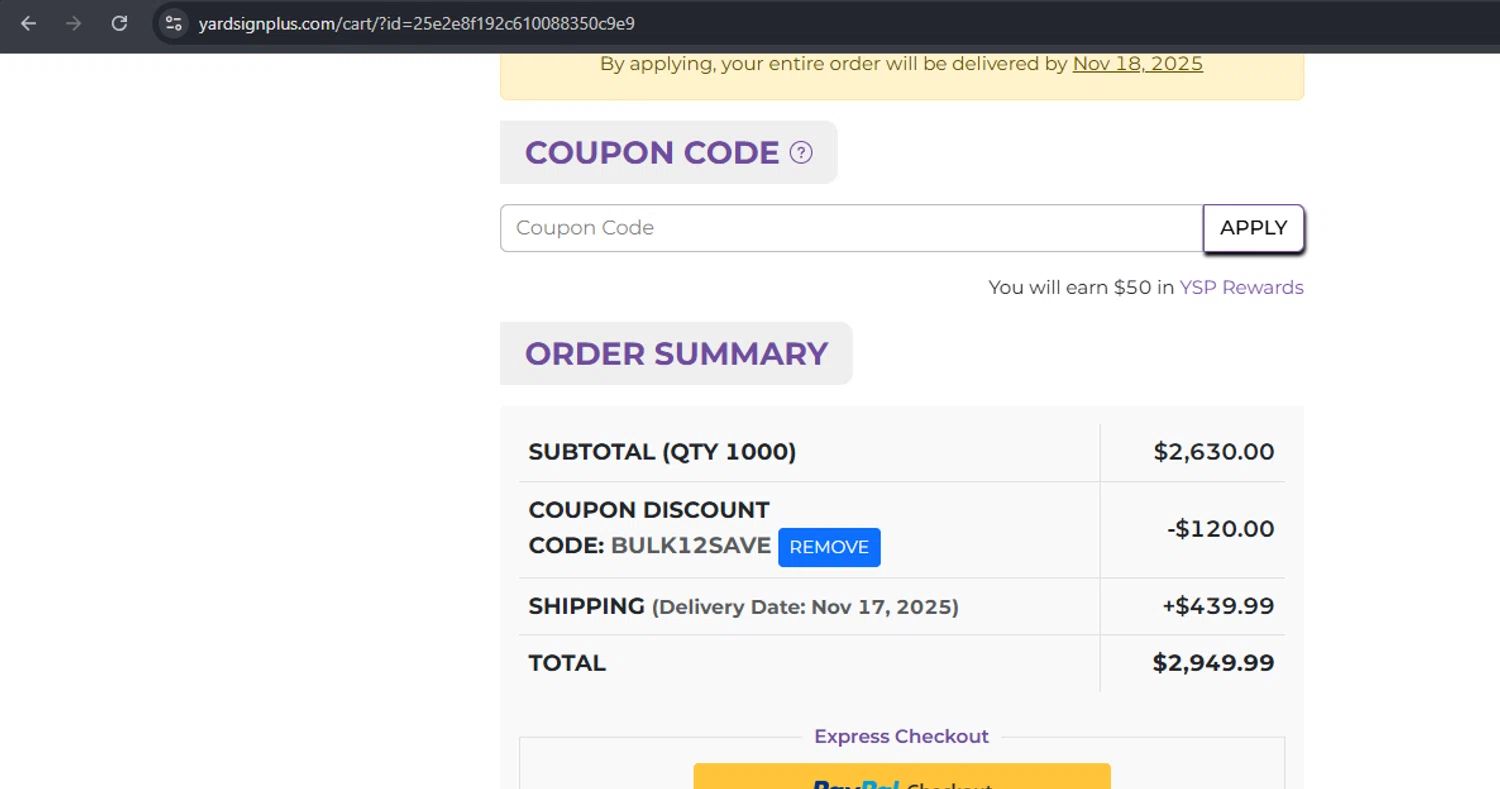 Yard Sign Plus coupon code screenshot showing code BULK12SAVE applied at Yard Sign Plus checkout page. Uploaded by SimplyCodes community member Mulan5674851292422 on Nov 11, 2025