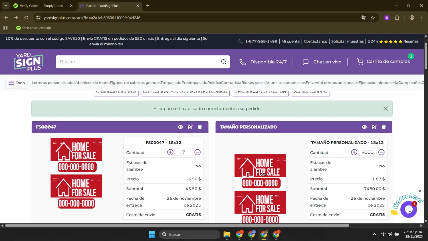 Yard Sign Plus coupon code screenshot showing code GRAND15SAVE applied at Yard Sign Plus checkout page. Uploaded by SimplyCodes community member FortunateElite9977 on Nov 18, 2025