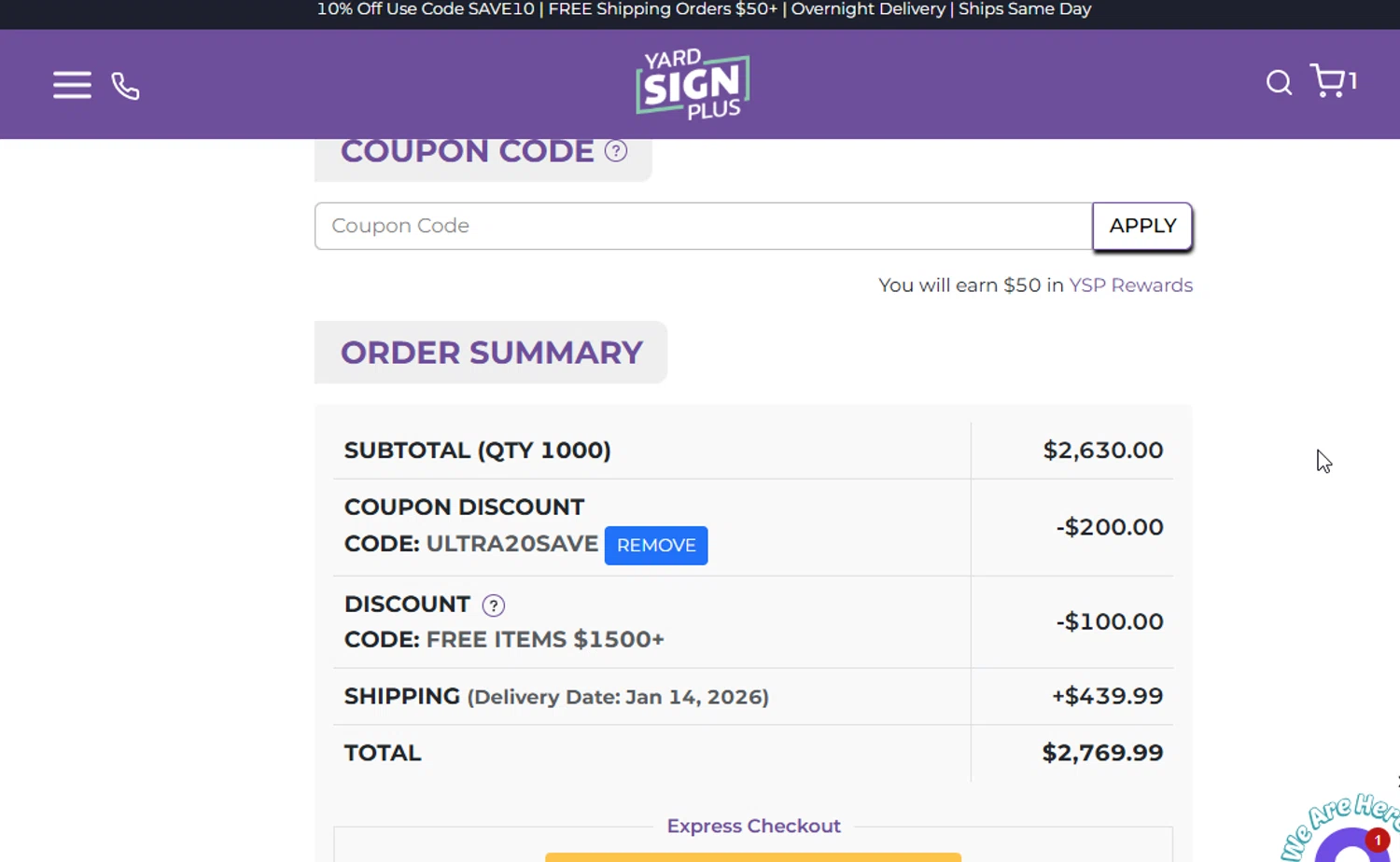 Yard Sign Plus coupon code screenshot showing code ULTRA20SAVE applied at Yard Sign Plus checkout page. Uploaded by SimplyCodes community member BudgetGuardian5712 on Jan 8, 2026