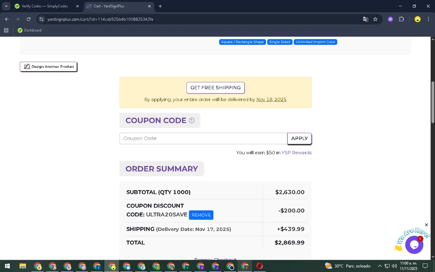Yard Sign Plus coupon code screenshot showing code ULTRA20SAVE applied at Yard Sign Plus checkout page. Uploaded by SimplyCodes community member SavingsElite8466 on Nov 11, 2025