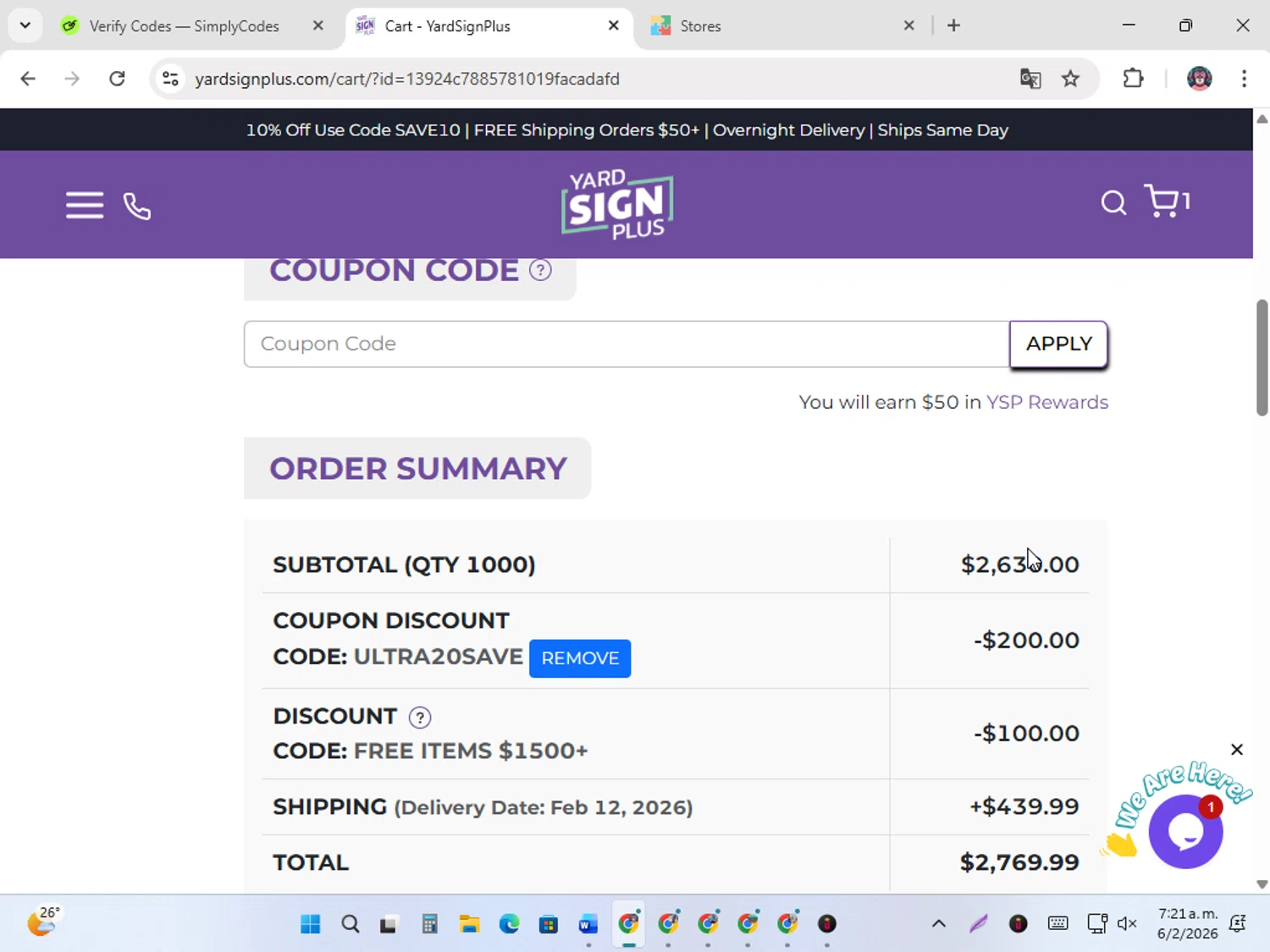 Yard Sign Plus checkout page showing Yard Sign Plus coupon code box | Screenshot taken by SimplyCodes community member on Feb 6, 2026