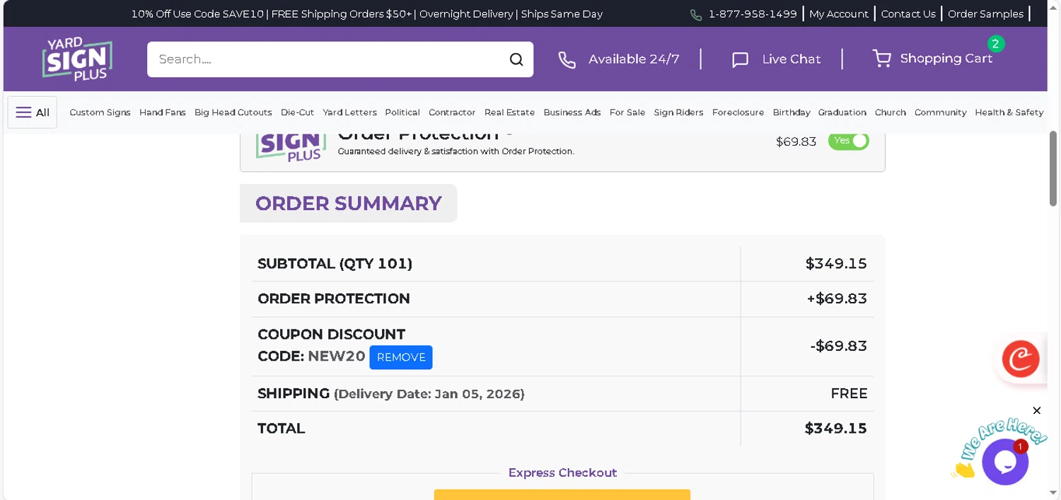 Yard Sign Plus coupon code screenshot showing code NEW20 applied at Yard Sign Plus checkout page. Uploaded by SimplyCodes community member shark12 on Dec 26, 2025