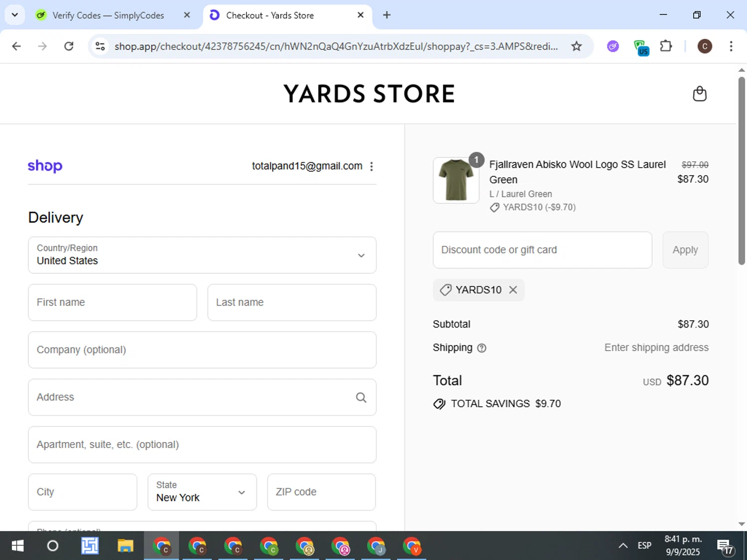Yards Store discount code screenshot showing code yards10 applied at Yards Store checkout page. Uploaded by SimplyCodes community member TreasureFox8596 on Sep 10, 2025
