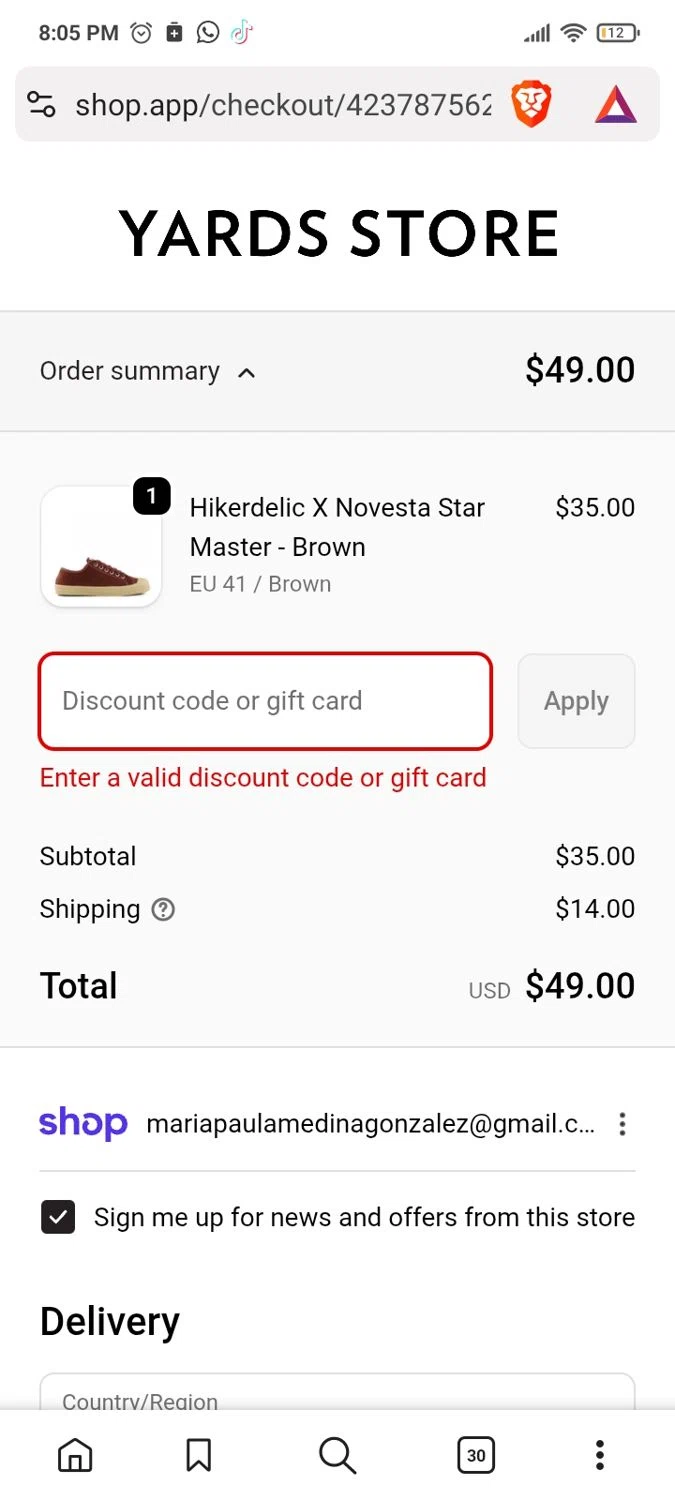 Yards Store discount code screenshot showing code EXTRA20 applied at Yards Store checkout page. Uploaded by SimplyCodes community member Yarialmys2020 on Oct 1, 2025