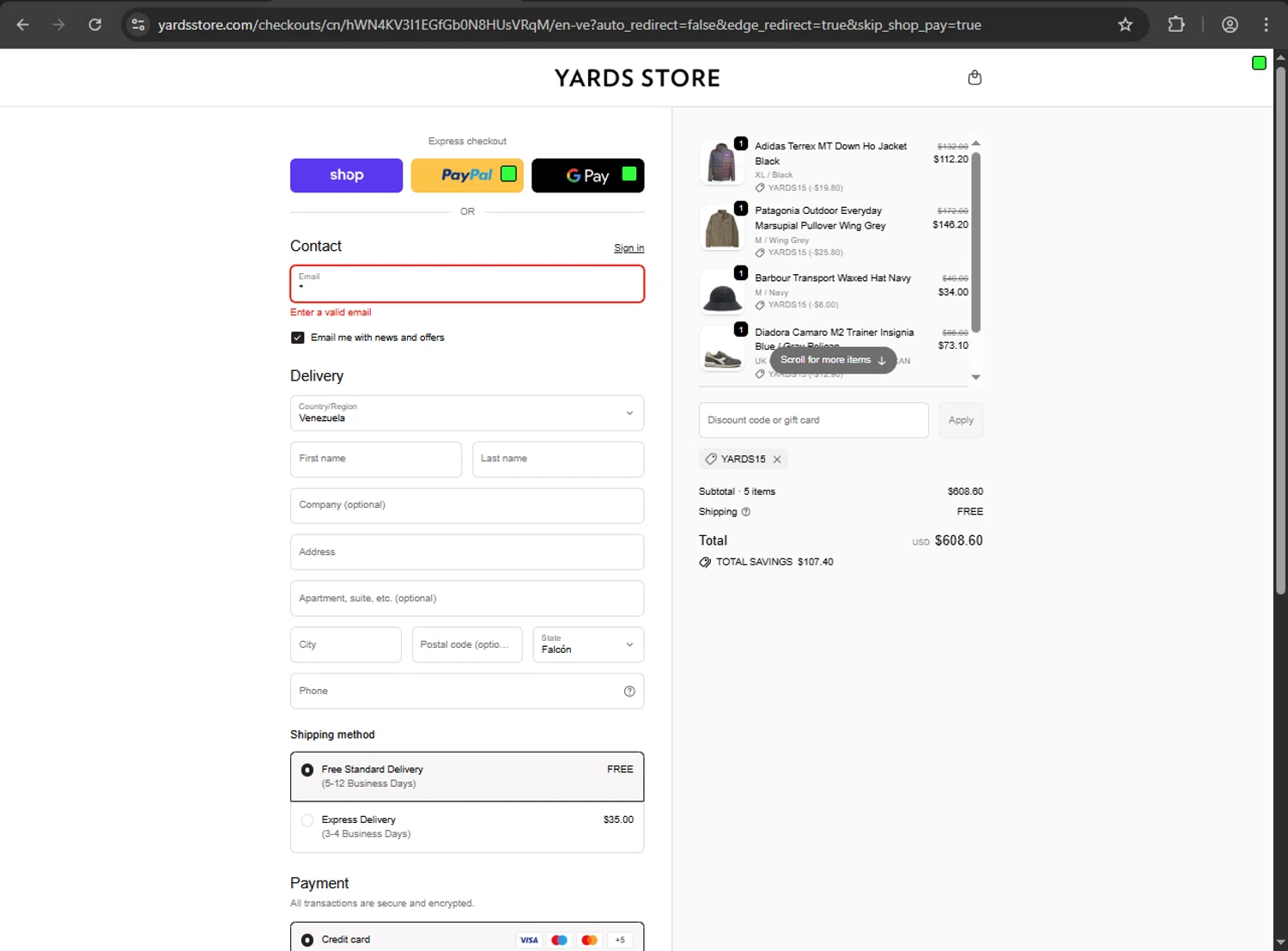 Yards Store discount code screenshot showing code YARDS15 applied at Yards Store checkout page. Uploaded by SimplyCodes community member artritis on Oct 20, 2025