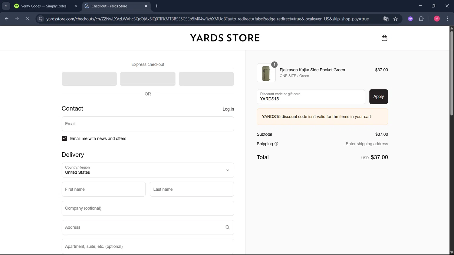 Yards Store discount code screenshot showing code YARDS15 applied at Yards Store checkout page. Uploaded by SimplyCodes community member ValueCollector4159 on May 1, 2025